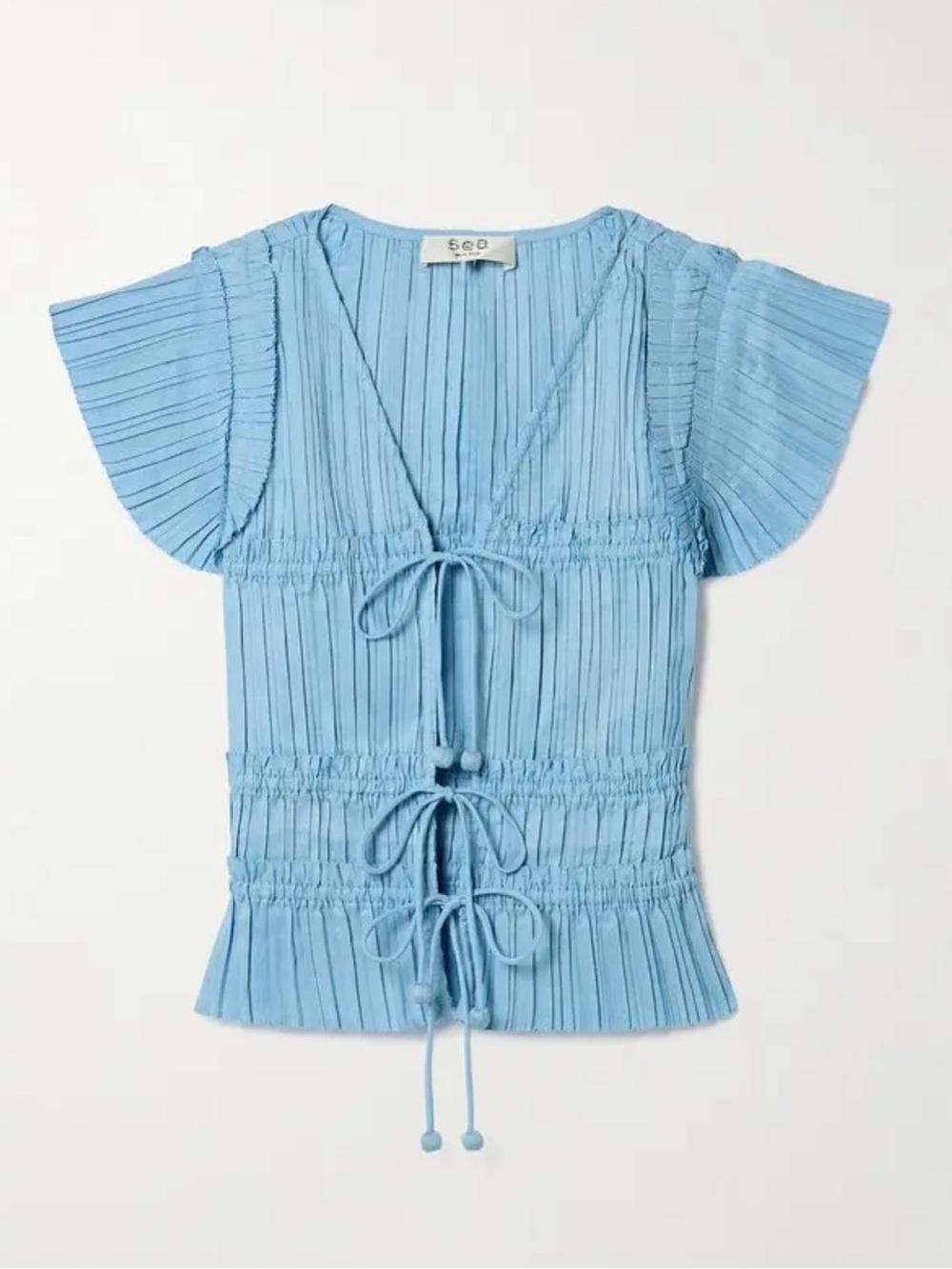NWT Sea Light Blue Plissé Poplin Tie-Front Top